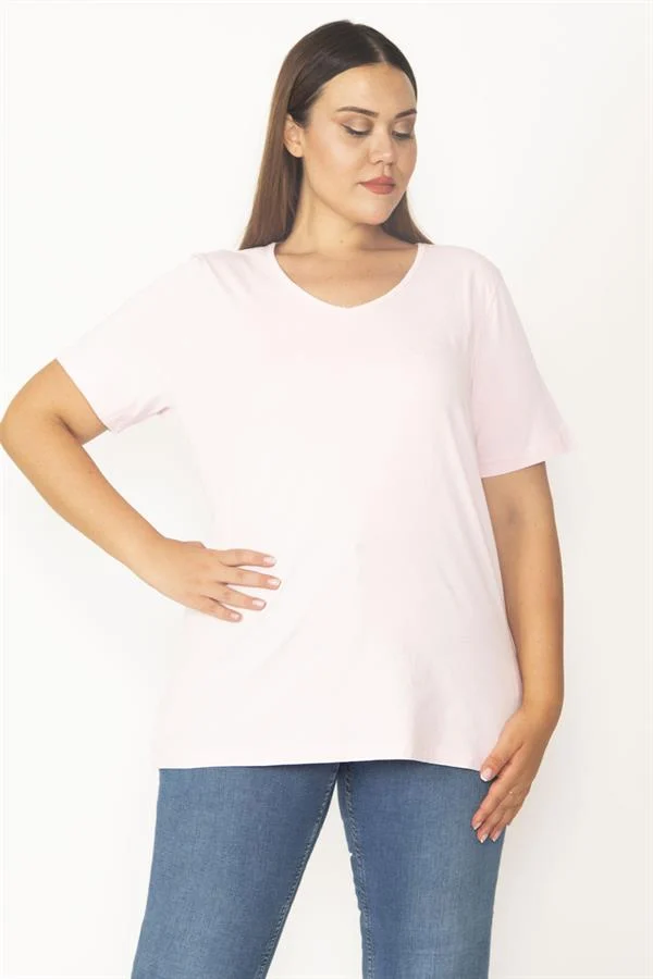 Women's White V-Neck Oversize Basic T-Shirt 65N27096