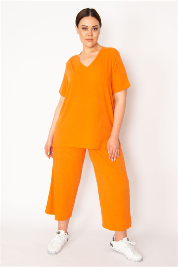 Kadın Fujya Kaşkorse Örme Beli Lastikli Geniş Paçalı Pantolon V Yakalı Bluz Takım 65N32939