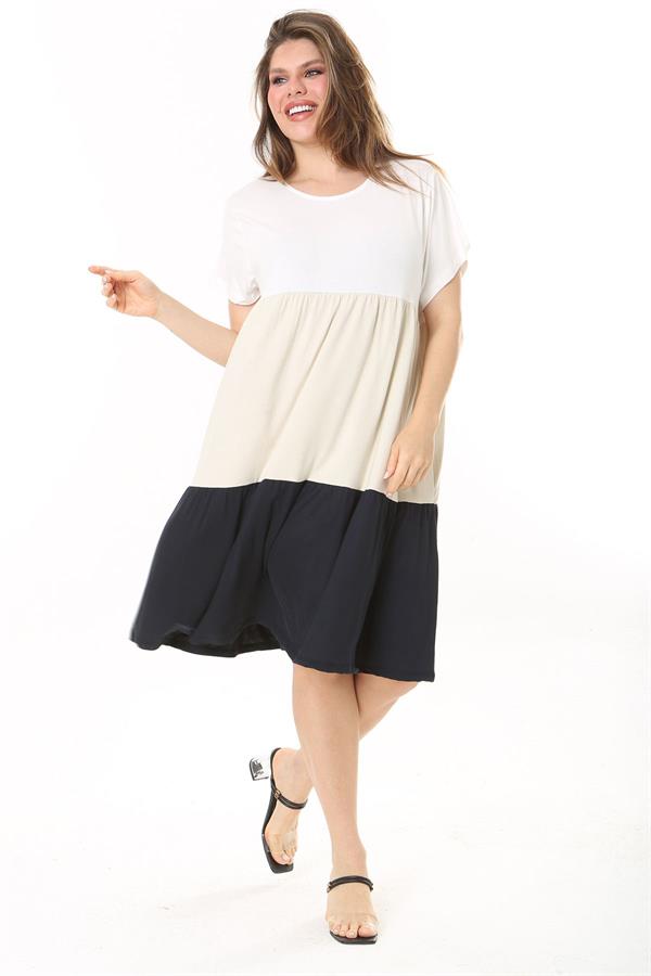 Kadın Büyük Beden Renkli Renk Kombinli Katlı Kısa Kol Elbise 65N37874