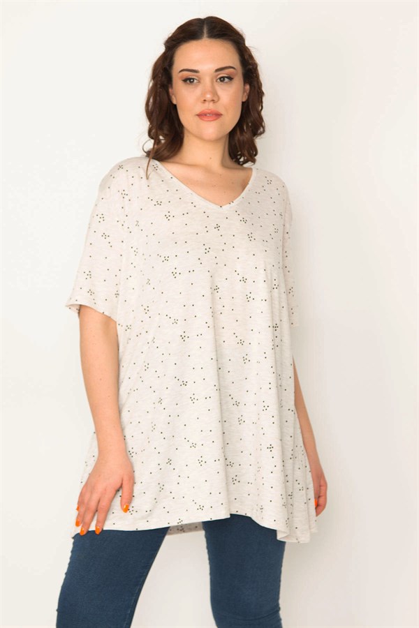 Kadın Vizon Pamuklu Kumaş V Yaka Desenli Tunik 65N32657