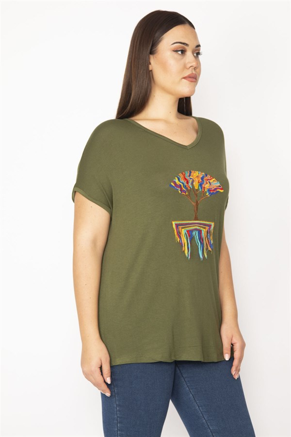 Kadın Haki Nakış Detaylı Düşük Kol Viskon Bluz 65N29506