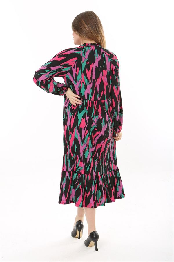 Kadın Büyük Beden Renkli V Yakalı Bürümcük Kumaş Uzun Kollu Katlı Elbise 65N37621