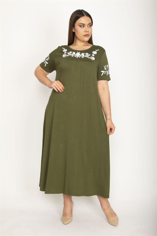 Kadın Haki Sim Detaylı Ön Baskılı Viskon Elbise 65N27473