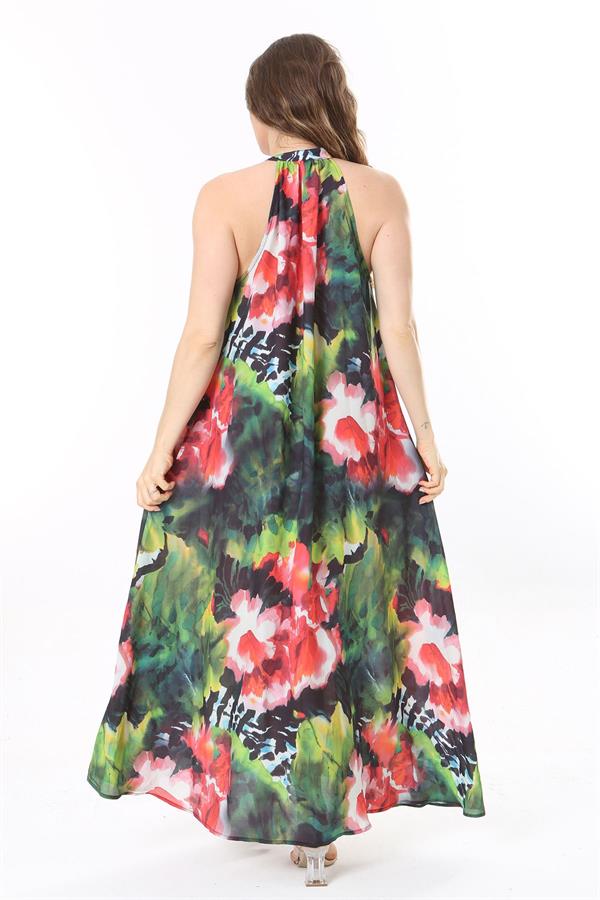 Kadın Büyük Beden Renkli Halter Yakalı Ön Patı Düğmeli Astarsız Krep Şifon Elbise 65N37986