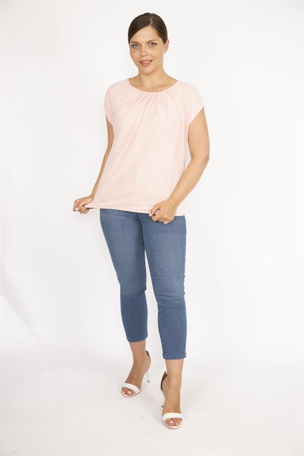 Kadın Somon Büyük Beden Önü Astarlı Tül Etek Ucu Lastikli Yaka Pileli Bluz