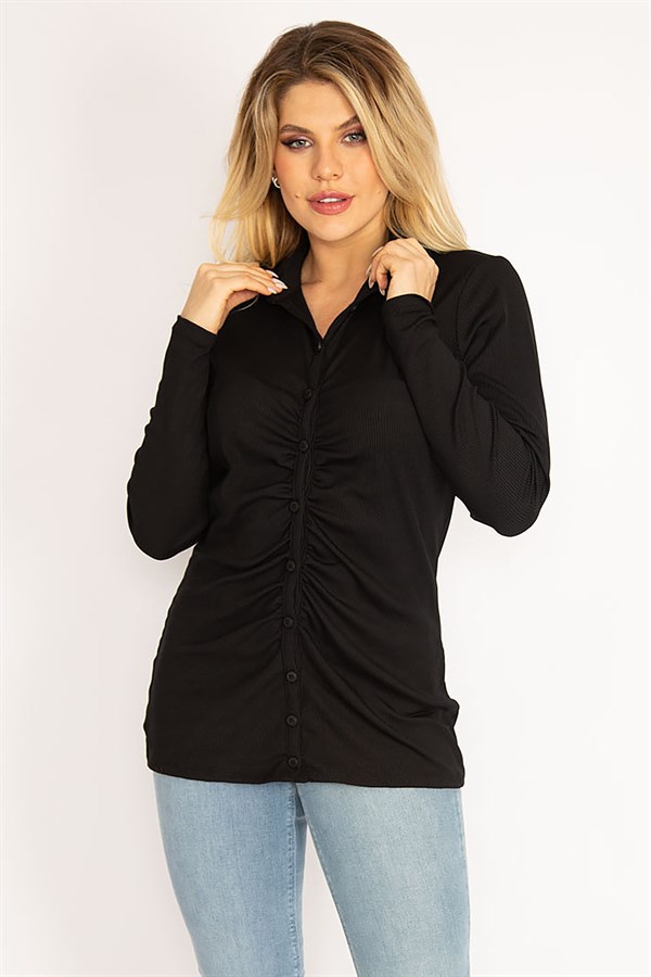 Kadın Siyah Ön Düğmeli Büzgü Detaylı Likralı Bluz 65N34856