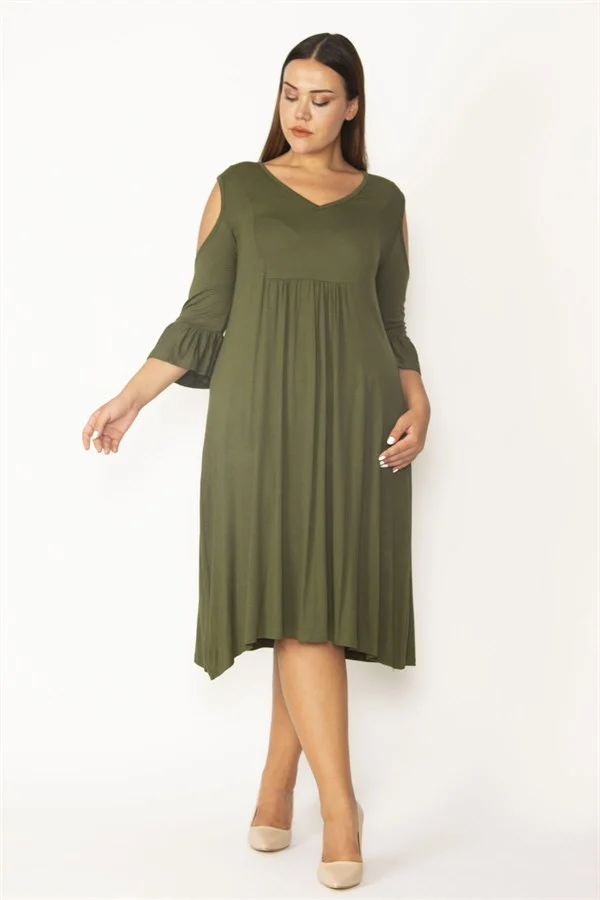 Kadın Haki Omuz Dekolteli Göğüs Büzgü Ve Kol Volan Detaylı Viskon Elbise 65N27447