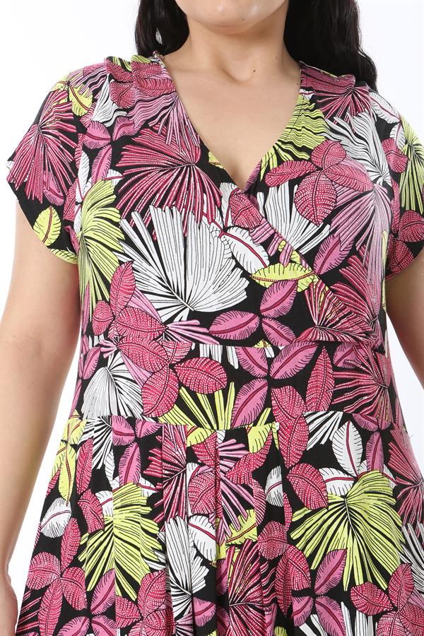 Kadın Büyük Beden Renkli Anvelop Yakalı Uzun Elbise 65N38584