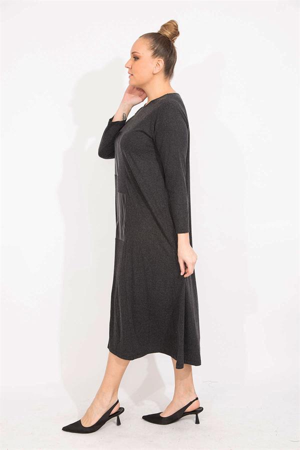 Kadın Antrasit Suni Deri Garnili Uzun Kollu Elbise 65N35528
