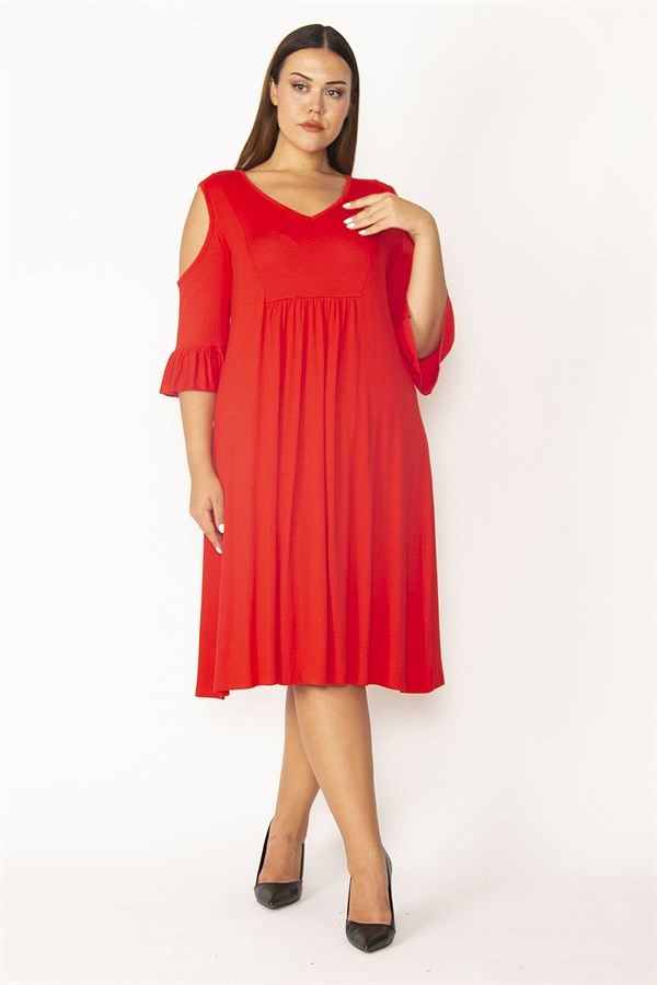 Kadın Haki Omuz Dekolteli Göğüs Büzgü Ve Kol Volan Detaylı Viskon Elbise 65N27447