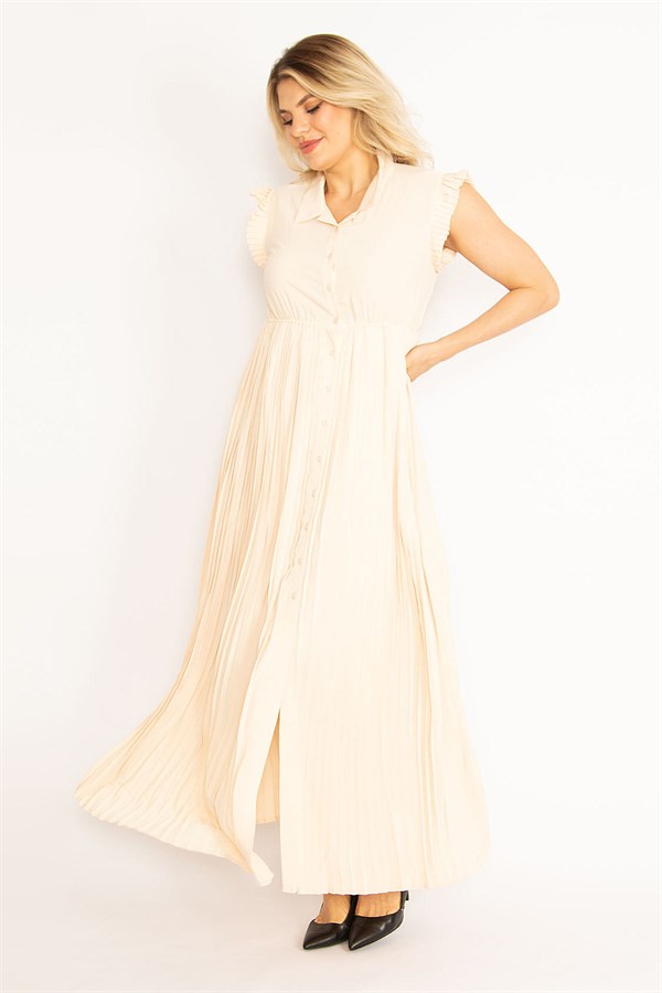 KADIN PUDRA  ETEĞİ VE KOL AĞZI PİLİSE DETAYLI ÖN DÜĞMELİ ELBİSE