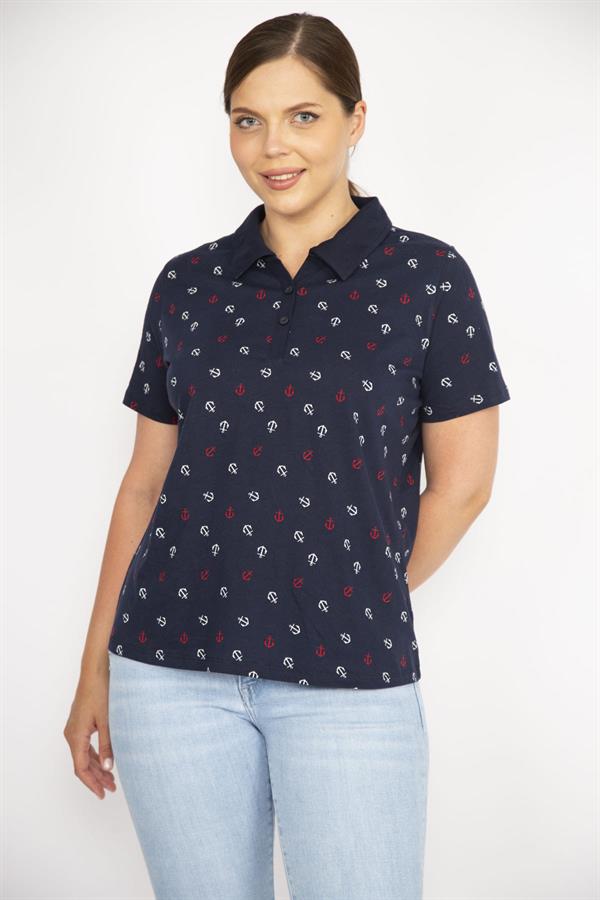 Kadın Lacivert Büyük Beden Pamuk Kumaş Marin Desen Polo Yakalı Kısa Kollu Bluz