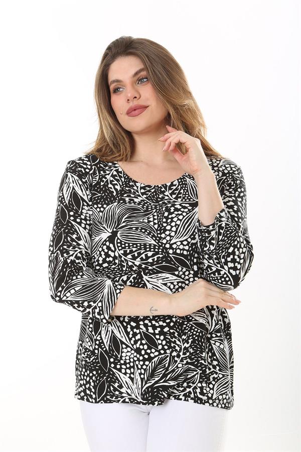 Kadın Büyük Beden Siyah Bisiklet Yakalı Uzun Kollu Bluz 65N37585