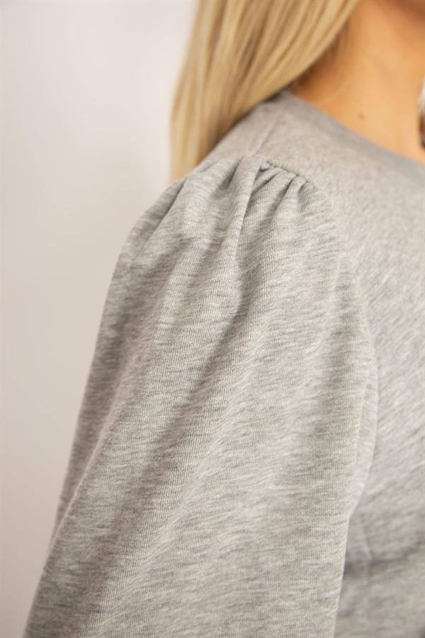 Women's Plus Size Gray 3 Thread Thick Front Printed Shoulder Gathered Ribbed Sweatshirt 65N37105