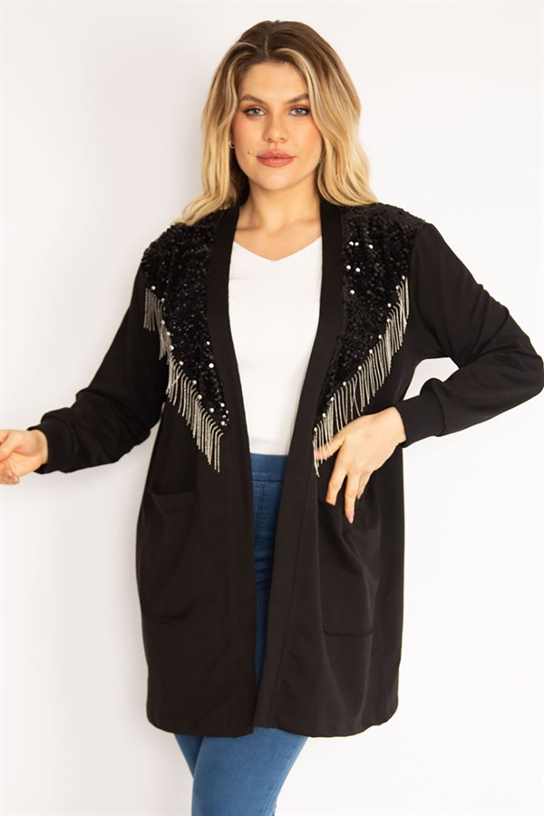 Kadın Siyah Payet Ve Zincir Aksesuarlı Astarsız Ceket 65N35139