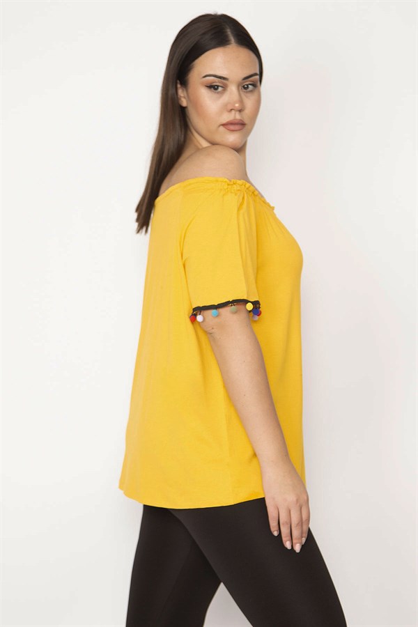 Kadın Hardal Yakası Lastikli Kolları Ponpon Detaylı Bluz 65N29509