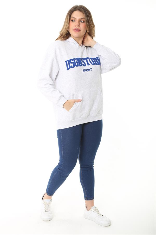 Women's Plus Size Gray Inside Raised 3 Thread Embroidery Detailed Hooded Sweatshirt 65N37126