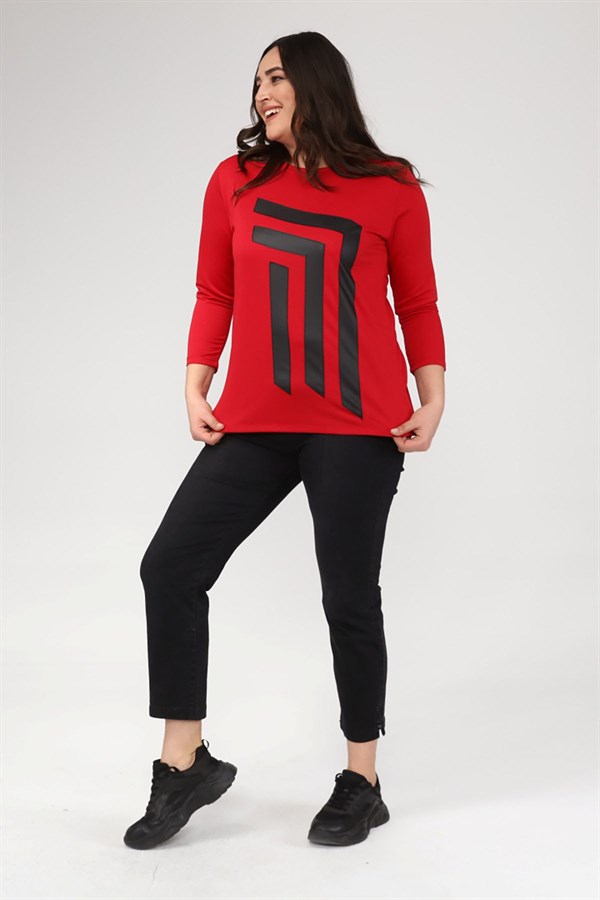 KADIN BORDO ÖNÜ DERİ DETAYLI BİSİKLET YAKA BLUZ