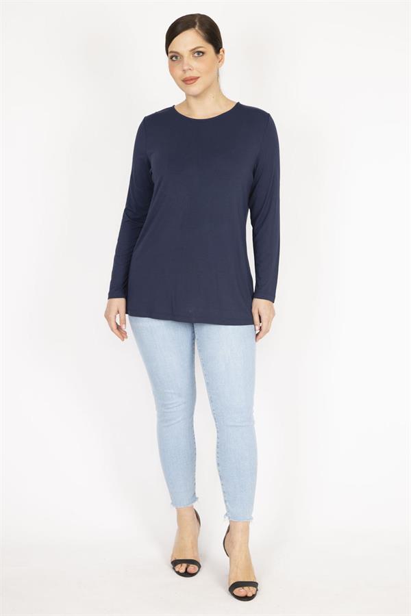 Kadın Lacivert Büyük Beden Bisiklet Yakalı Arka Fermuar Detaylı Bluz