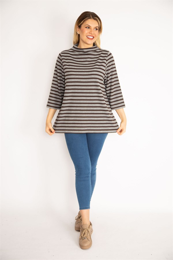 Kadın Gri Sıfır Yaka Çizgili Bluz 65N35169