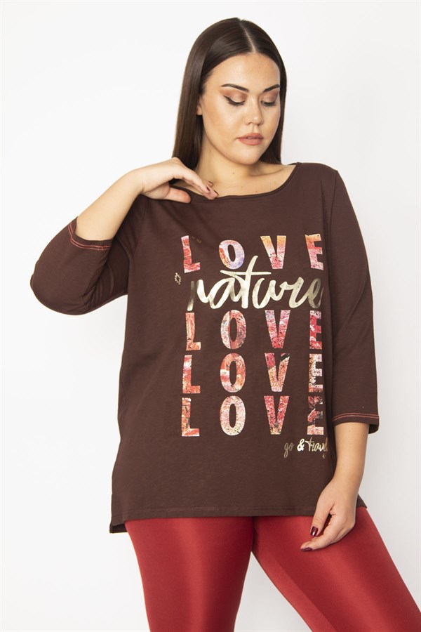 Kadın Kahve Pamuklu Kumaş Lak Baskılı Kapri Kollu Bluz 65N29499