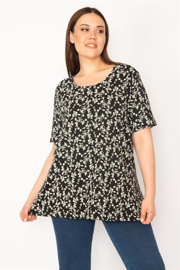 Kadın Büyük Beden Siyah Pamuklu Kumaş Bisiklet Yakalı Çiçek Desenli Tunik 65N36825
