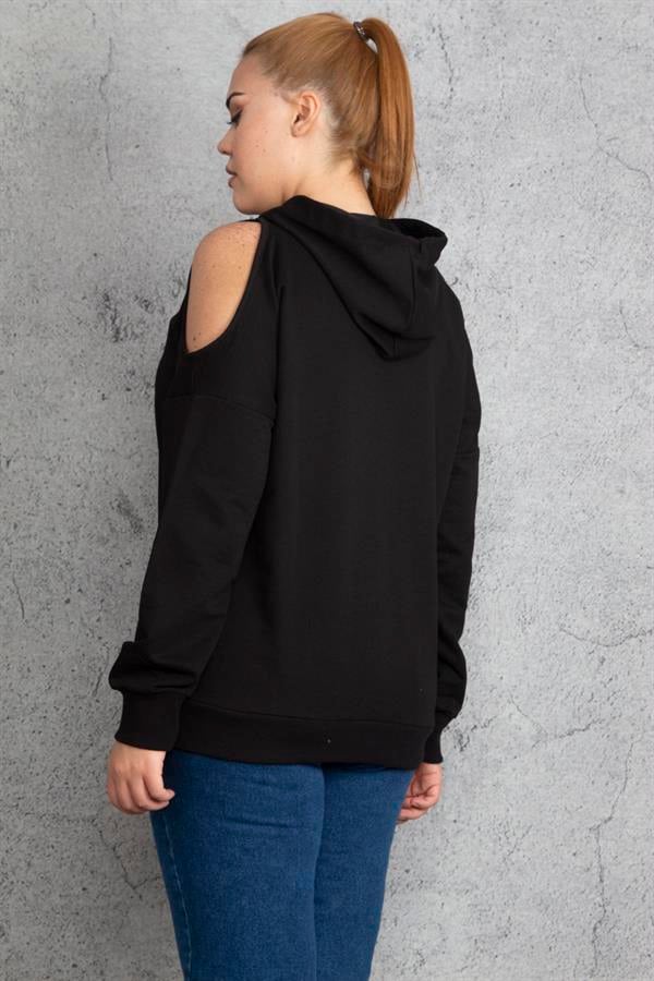 Women's Khaki Hooded Off-the-Shoulder Sweatshirt 65N18831