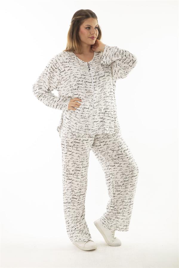 Kadın Büyük Beden Kemik Dokuma Viskon Kumaş Ön Fermuarlı Bluz Pantolon İkili Takım 65N37005