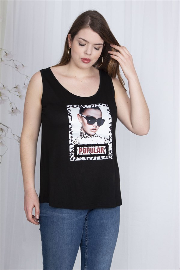 Kadın Siyah Dijital Baskılı Arka Robası File Detaylı Bluz 65N24348