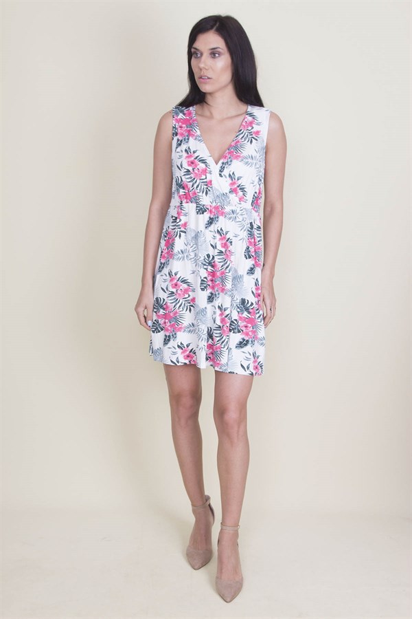 Bel Kısmı Lastik Detaylı Çiçek Desen Anvelop Yakalı Elbise