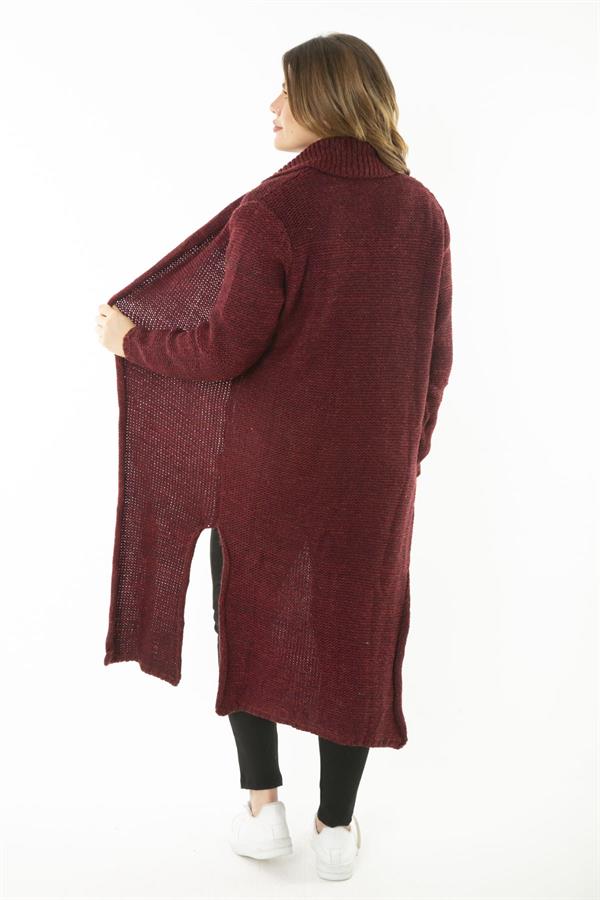 Kadın Büyük Beden Bordo Yırtmaçlı Kalın Triko Uzun Hırka 65N37131