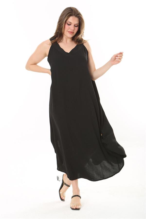 Kadın Büyük Beden Siyah Yan Boy Ayarlı Kolsuz Uzun Elbise 65N37885