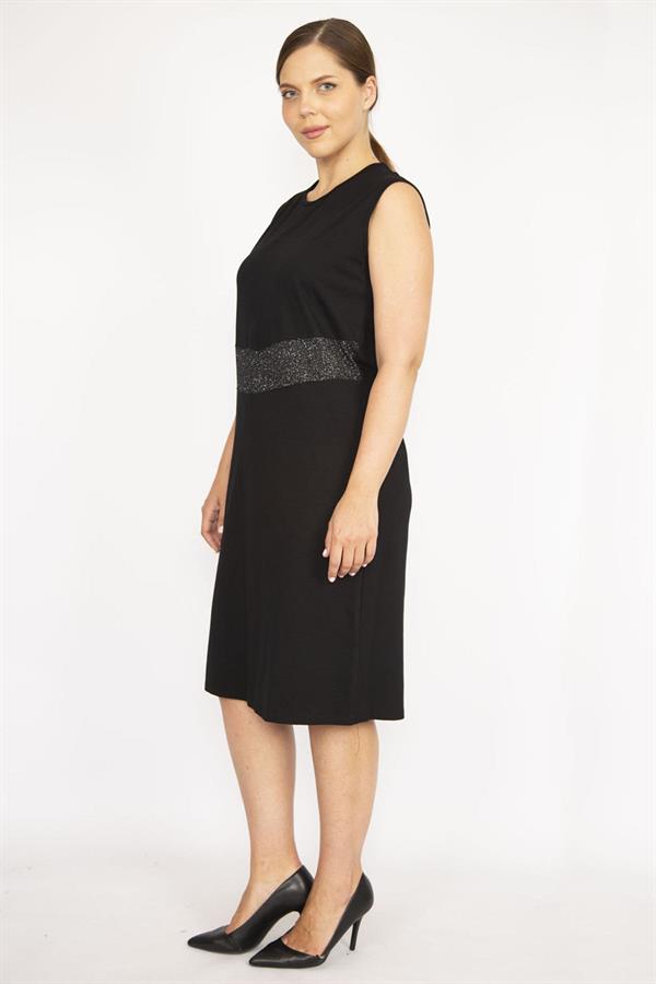 Kadın Büyük Beden Siyah Bel Kısmı Sim Detaylı Elbise