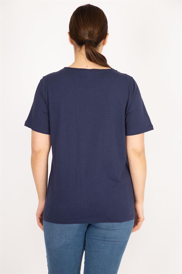 Kadın Lacivert Büyük Beden Pamuklu Kumaş Yaka Dantelli Bluz