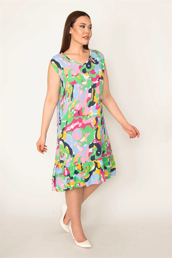 KADIN RENKLİ DOKUMA VİSKON KUMAŞ V YAKA ETEĞİ KATLI RENKLİ ELBİSE