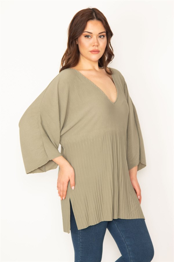 Kadın Yeşil V Yakalı Yarasa Kol Likralı Tunik 65N32443