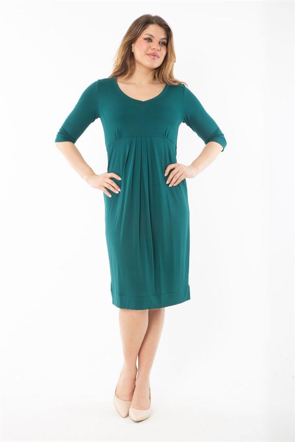Kadın Büyük Beden Yeşil Büzgü Ve Pile Detaylı Kapri Kollu Elbise 65N37352