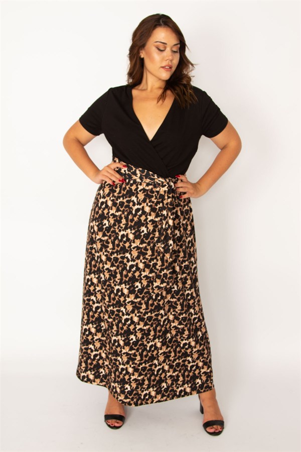 Kadın Leo Anvelop Yaka Leopar Desen Beli Kuşaklı Uzun Elbise 65N34055