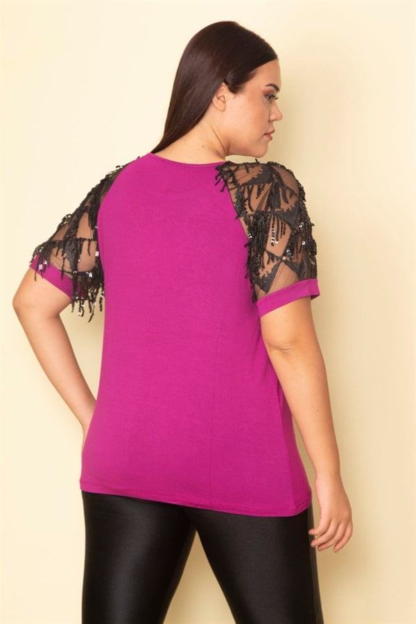 Kadın Fuşya Kolları Tül Payet Detaylı Bluz 65N28746
