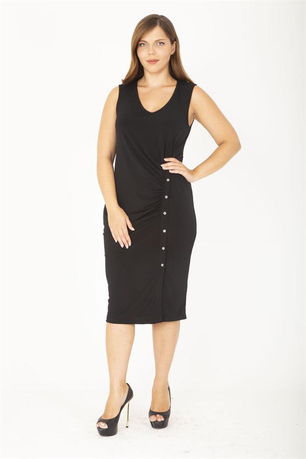 Kadın Büyük Beden Siyah V Yakalı Önü Küçük Metal Düğmeli Elbise 65N36850