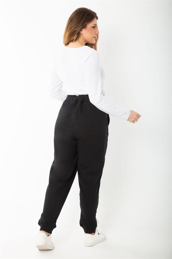 Kadın Büyük Beden Siyah Kuşgözü Bağcıklı Bel Ve Paçası Ribanalı Eşofman Pantolon 65N37398
