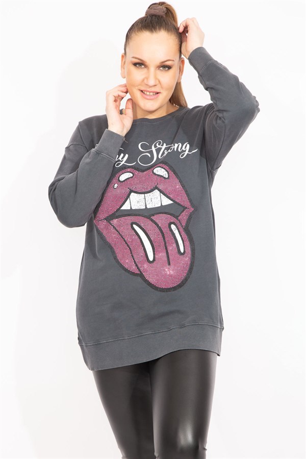 Kadın Füme Taş Detaylı Sweatshirt   65N35493