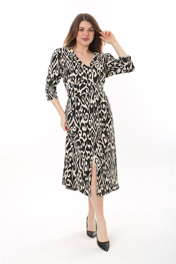 Kadın Büyük Beden Siyah V Yakalı Bürümcük Kumaş Kapri Kollu Elbise 65N37622