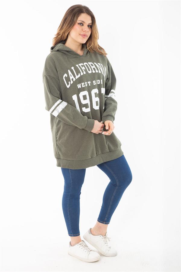 Kadın Büyük Beden Haki İçi Şardonlu Üç İplik Kapşonlu Sweatshirt 65N37290