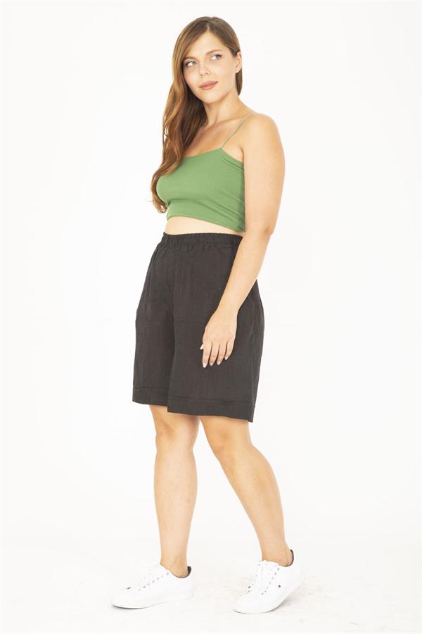 Kadın Büyük Beden Antrasit Dokuma Viskon Kumaş Beli Lastikli Şort 65N36801