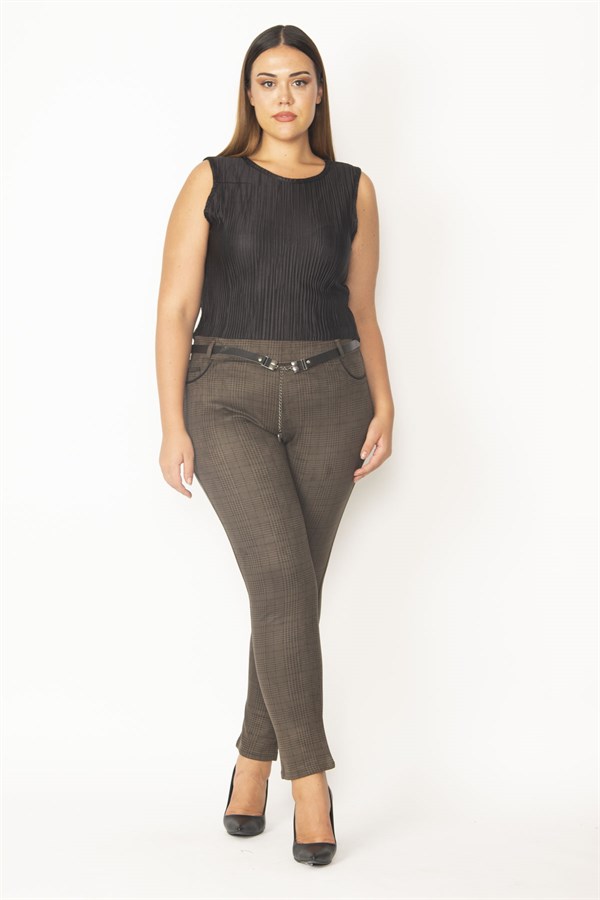 Kadın Haki Ekose Desenli Kemer Aksesuarlı Pantolon 65N28637