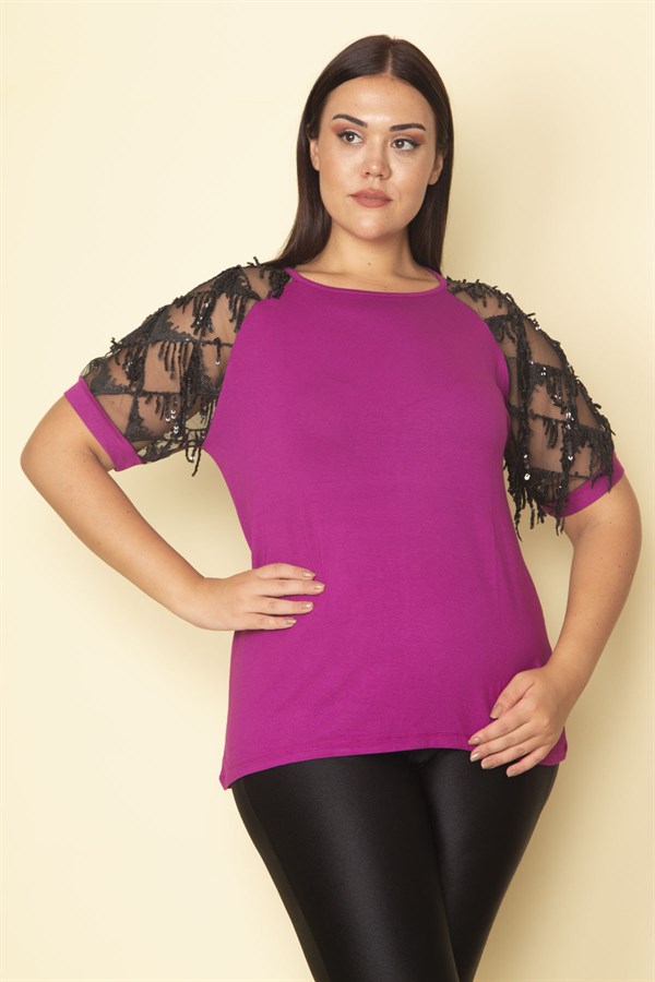 Kadın Fuşya Kolları Tül Payet Detaylı Bluz 65N28746