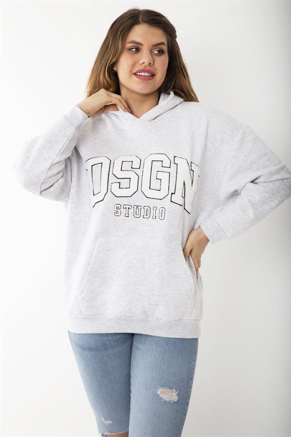 Kadın Büyük Beden Gri İçi Şardonlu Nakış Ve Kanguru Cep Detaylı Kapşonlu Sweatshirt 65N37206