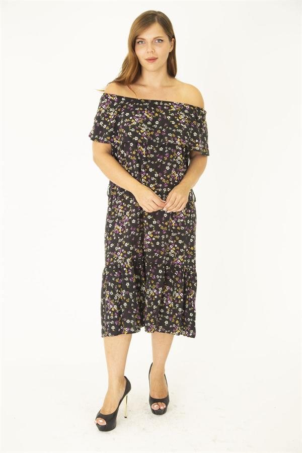 Kadın Büyük Beden Renkli Dokuma Viskon Kumaş Yakası Lastik Ve Volan Detaylı Elbise 65N36916