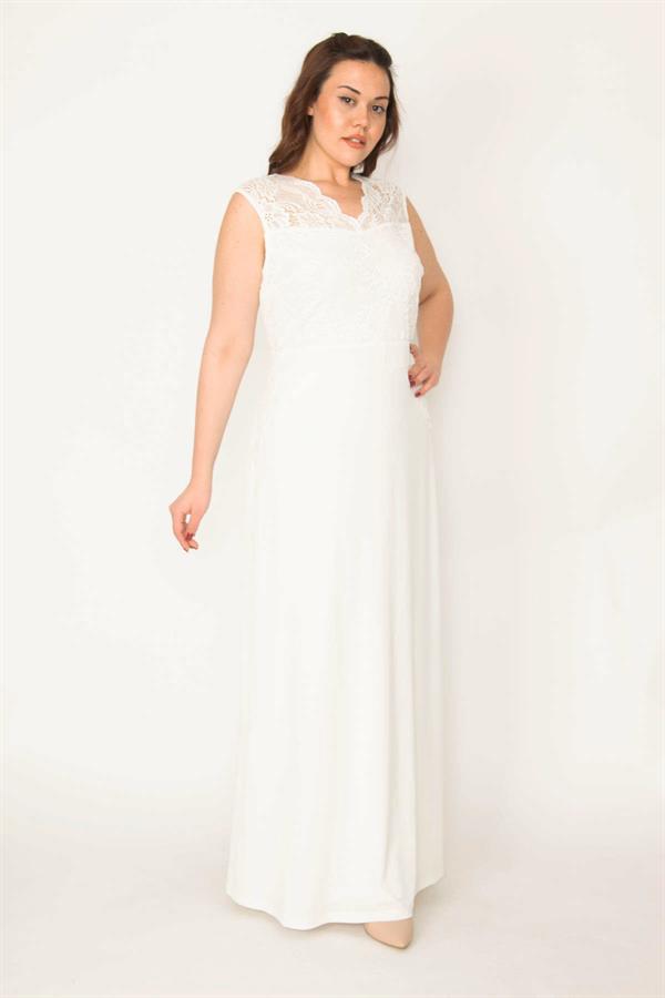 Kadın Büyük Beden Kemik Dantel Detaylı Astarlı Uzun Elbise 65N36782